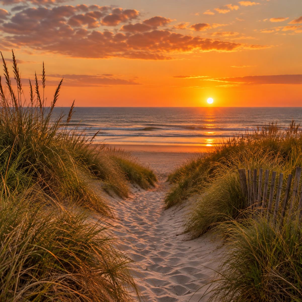 A sandy path leading through dunes to the ocean